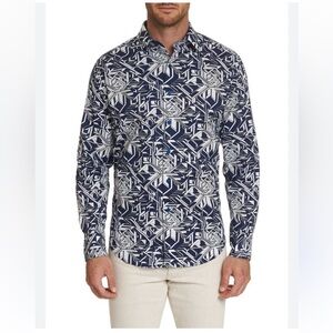 Robert Graham Sz M Wyland Sport Navy /White Geometric Printed Button Down Shirt